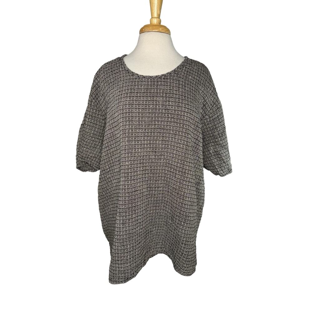 FLAX Brown Woven Windowpane 100% Linen Short Sleeve Blouse Size 3G (24-26) 3X